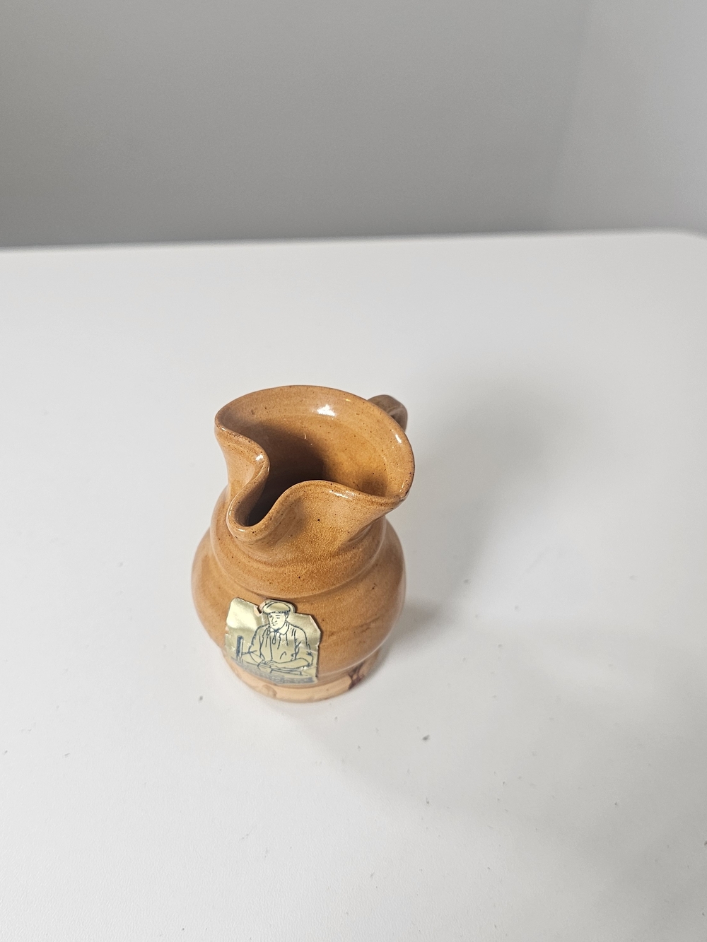 vintage Jamestown, Virginia handmade redware pottery miniature jug pitcher.